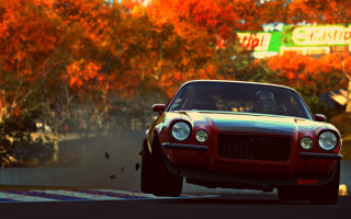 Red car autumn leaves forest - free autumn wallpaper