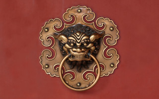 Golden lion ring red wall - eishōsai chōki free wallpaper