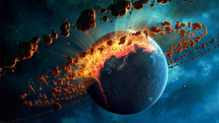 Falling rocks large planet blue - blue background free wallpaper