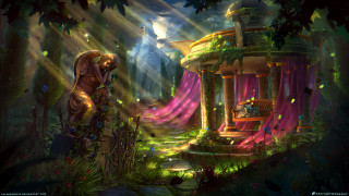 Fantasy house woods fountain statue - the window free wallpaper for desktop