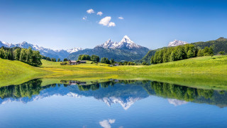 Lake mountains grassy field house - grassy free wallpaper for desktop