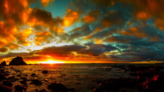 Sunset rocky beach rock formation 3 - colorful cloud free wallpaper