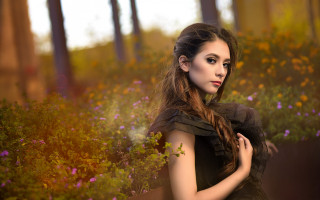 Woman long hair flower field 3 - a field of flowers and trees free wallpaper