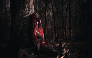 Woman red kimono forest dog - dirk crabeth free wallpaper