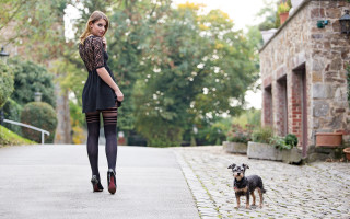 Woman dog street brick building - contemporary free wallpaper