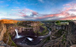 Waterfall cliff river valley sunset - wide len free wallpaper