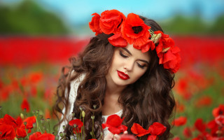 Woman red flower wreath field - red flower free wallpaper for desktop