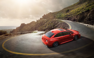 Red car ocean mountain sunset - winding free wallpaper for desktop