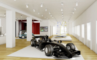 Red white car museum rendering - a white floor free wallpaper