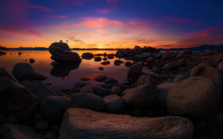 Sunset lake rocks birds cloudy - rock and water free wallpaper