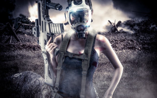 Woman gas mask gun field - apocalyptic free wallpaper for desktop
