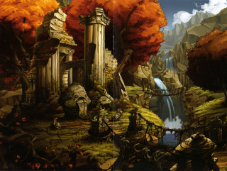 Forest waterfall castle background painting - a painting of a forest free wallpaper