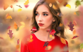 Woman red dress leaves autumn - affinity photo free wallpaper