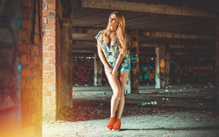 Woman urban graffiti fashion blonde - a brick wall in the background free wallpaper