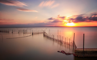 Sunset water fence poles cinematic - a few pole free wallpaper