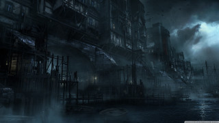 Dark city smoke steam buildings - cedric peyravernay free wallpaper