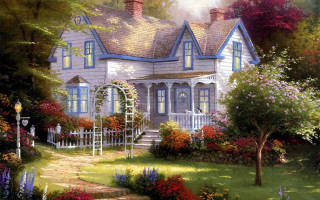 House garden pathway light pole - kinkade free wallpaper