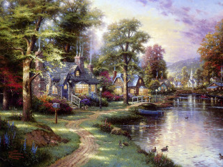Lake house boat bridge ducks - edward lamson henry free wallpaper