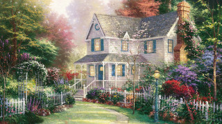 House flowers trees pathway picket - edward lamson henry free wallpaper