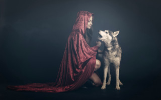 Woman red dress dog hood - a red cloak free wallpaper for desktop