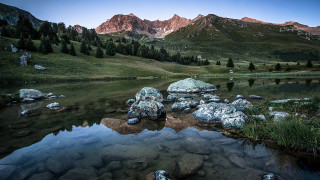 Mountain lake forest rocks sky 5 - rock and grass free wallpaper