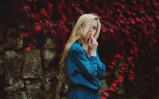 Woman blue dress autumn leaves 3 - a stone wall free wallpaper