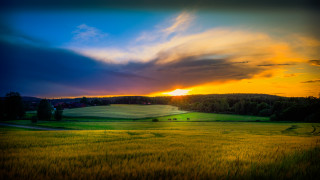 Sunset field clouds road grass - a sunset in the background free wallpaper for desktop