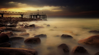Pier sunset ocean rocks matte - over the water free wallpaper for desktop