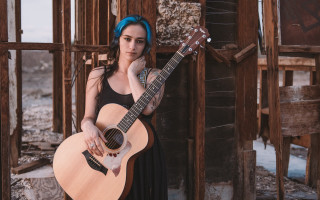 Woman guitar dilapidated building bluebandana - elinor proby adams free wallpaper for desktop