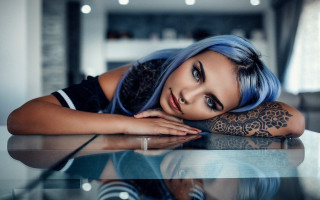 Blue hair tattoo portrait cosplay - her hand free wallpaper
