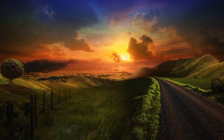Dirt road grassy field sunset 2 - a dirt road free wallpaper for desktop