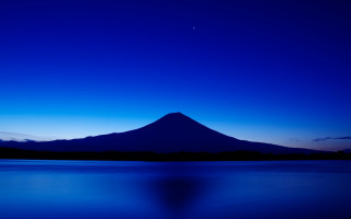 Mountain night blue sky lake - a boat in the foreground free wallpaper for desktop