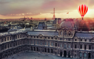 Hot air balloon paris sunset - a view of the eiffel tower free wallpaper