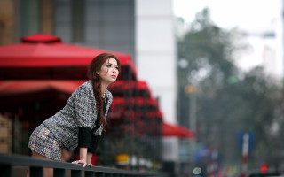 Woman rail building red umbrellas - christabel dennison free wallpaper for desktop