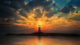 Lighthouse island sunset clouds autumn - a small island free wallpaper