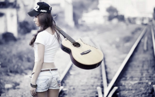 Woman guitar traintrack hat portrait - chen lu free wallpaper