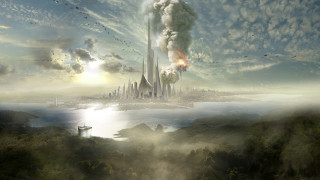 Fantasy city smoke towers river - a river below free wallpaper for desktop
