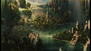 Fantasy landscape waterfall castle boat 2 - christophe vacher free wallpaper for desktop