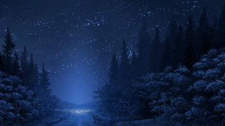 Night road trees stars moon - free christmas wallpaper