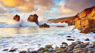 Rocky beach waves cliff clouds - a rocky beach free wallpaper