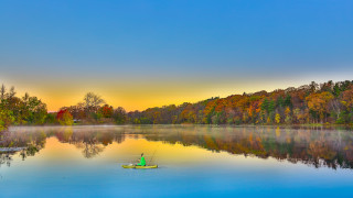 Man boat lake trees sky - a man in a boat free wallpaper