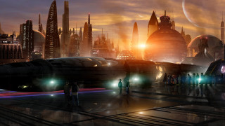 Futuristic city train station night 2 - matte painting concept art free wallpaper