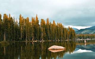 Lake mountain forest reflection bridge - cinematic landscape free wallpaper