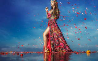 Woman dress water petals blue - a long dress free wallpaper for desktop