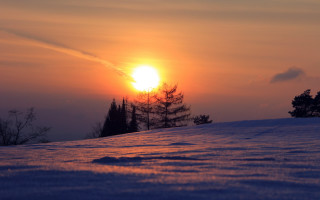 Sunset snowy hill trees clouds - a few cloud free wallpaper for desktop