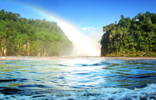 Rainbow waterfall forest river bed - a matte painting free wallpaper