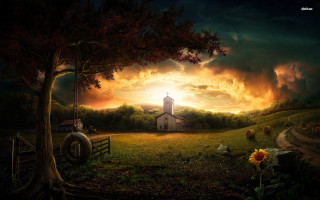 Church field tree barn sunset - david martin free wallpaper for desktop
