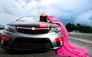 Woman pink dress leaning car - the hood of a car free wallpaper