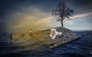 Polar bear raft ocean tree - cinematic matte painting free wallpaper