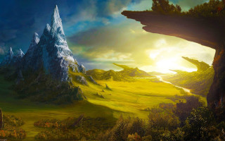 Mountain landscape river forest sunset - a forest in the foreground free wallpaper